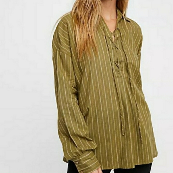 Free People Under the Boardwalk Olive Green Lace Up Tunic Top XS EUC - Picture 2 of 9